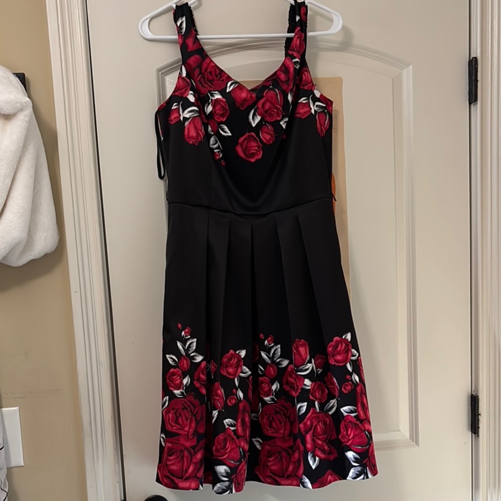 White House Black Market Black Midi Dress with Red Rose Print